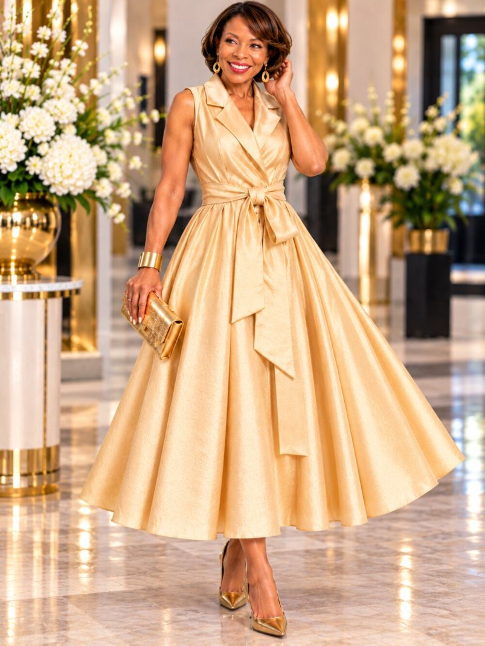 Evan-Picone Champagne Gold Sleeveless Wrap Midi Dress Belted Size 14